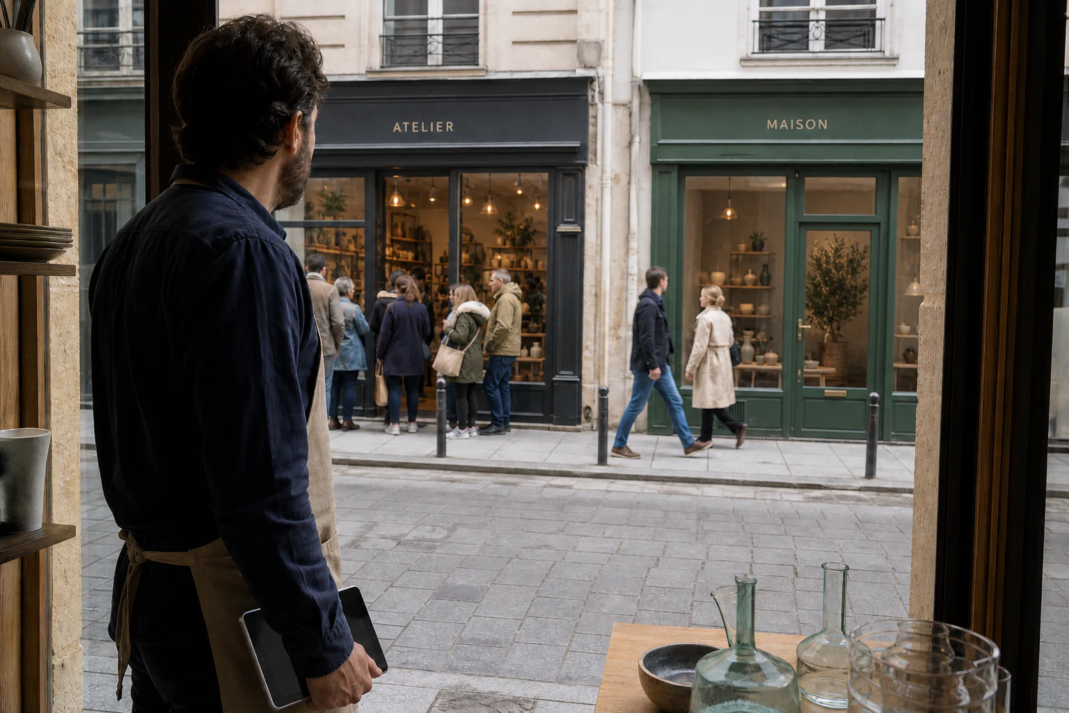 Visiteur comparant deux offres concurrentes dans un marché en mouvement